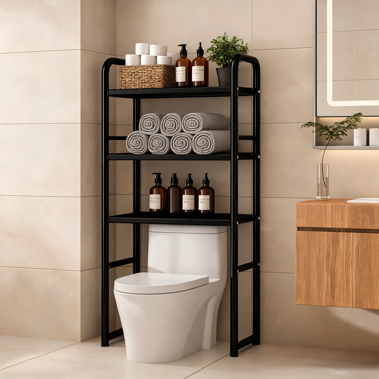 Black over-the-toilet rack holding towels, toilet rolls and bottles in a beige tiled bathroom