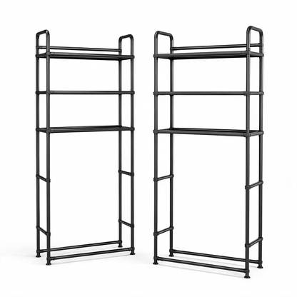 Two black over-the-toilet storage racks, 2-pack, on a white background