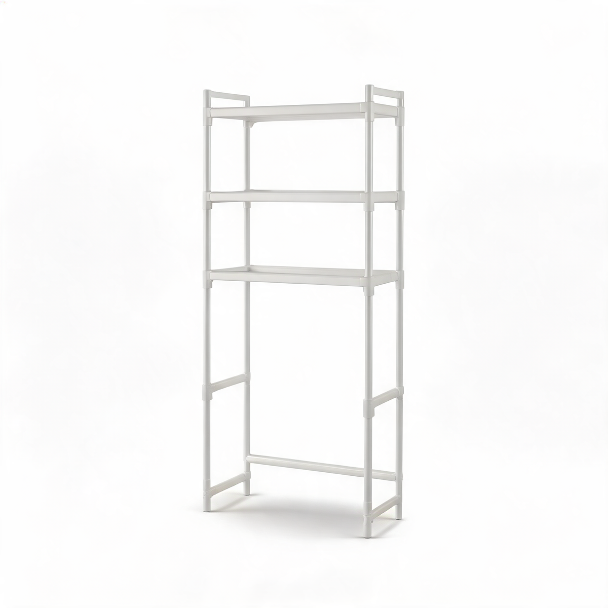White over-the-toilet storage rack with three shelves on a white background