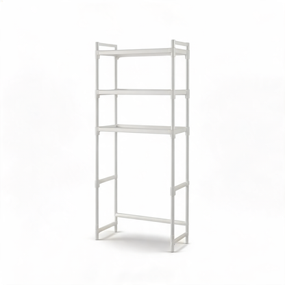 White over-the-toilet storage rack with three shelves on a white background