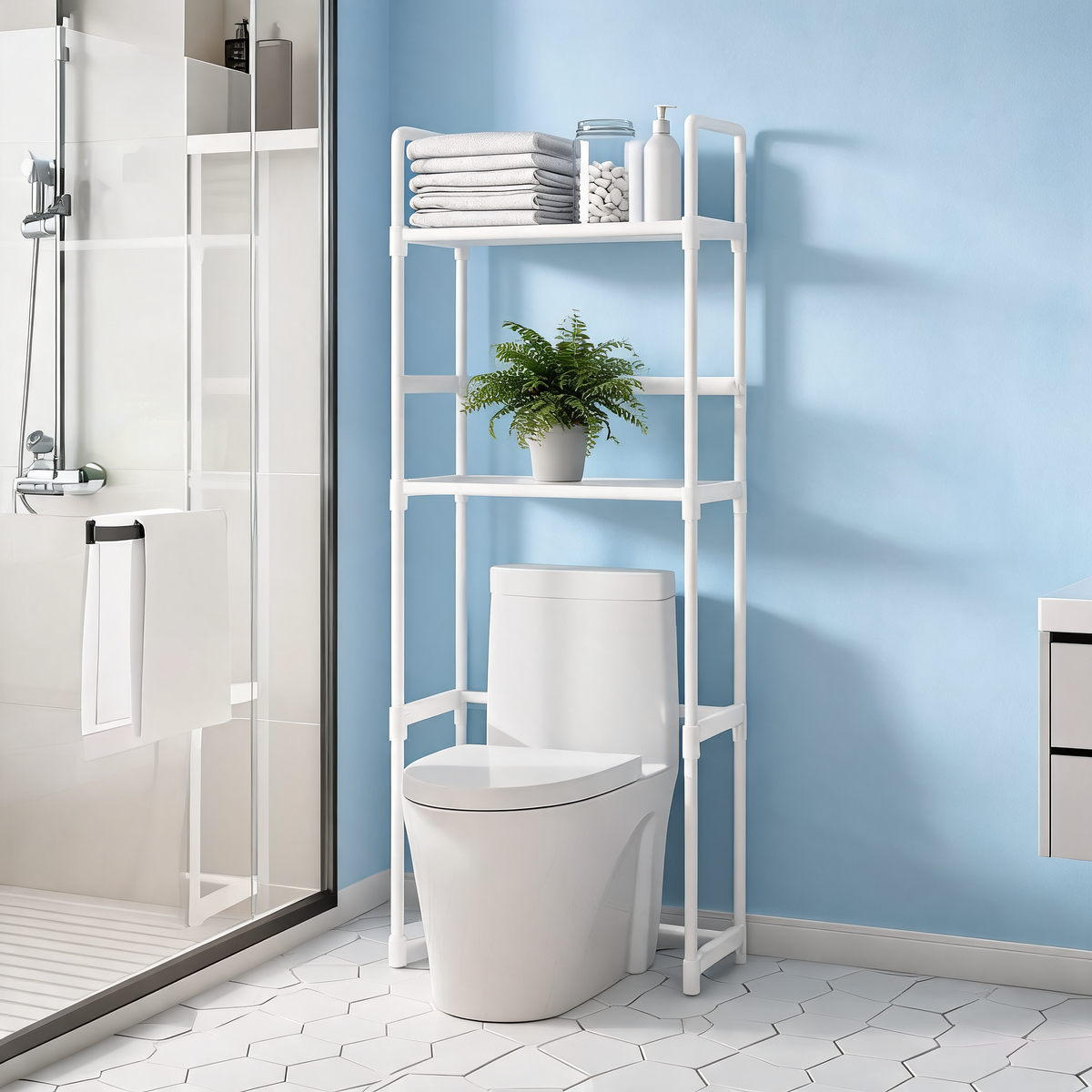 White over-the-toilet rack with folded towels and a fern in a pale blue bathroom
