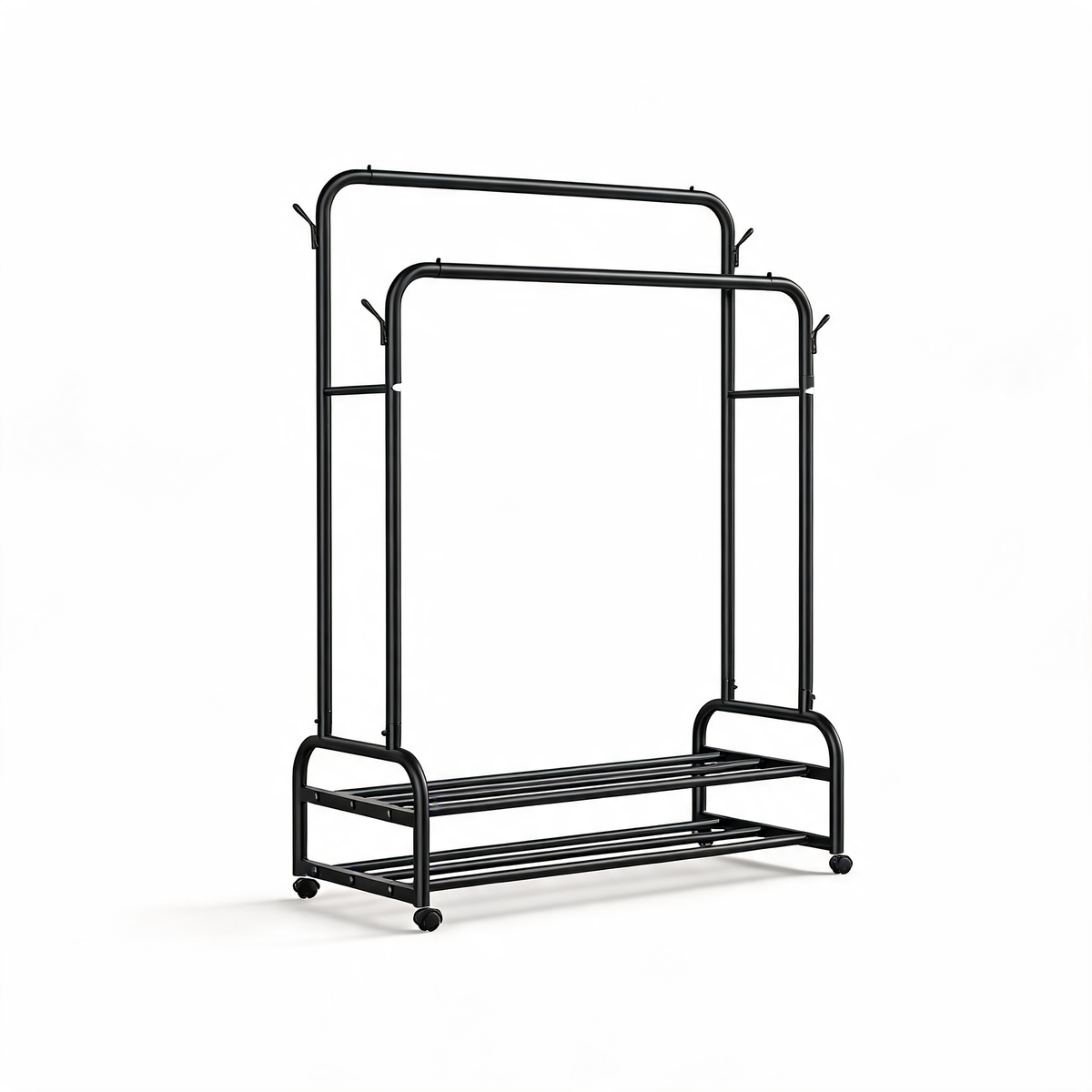 Black double-rod rolling garment rack with two bottom shelves on a white background
