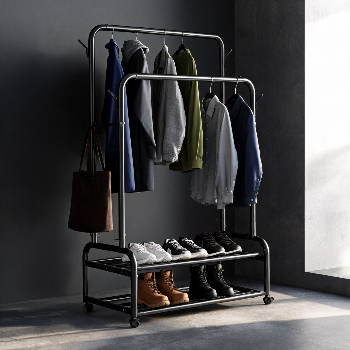 Black garment rack with coats, a tote bag and shoes in a modern entryway