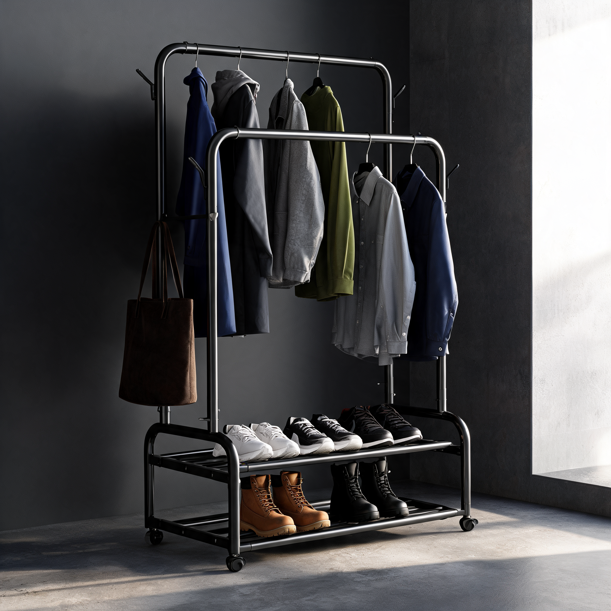 Black garment rack with coats, a tote bag and shoes in a modern entryway