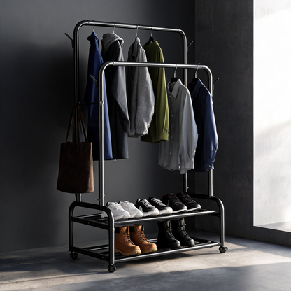 Black garment rack with coats, a tote bag and shoes in a modern entryway