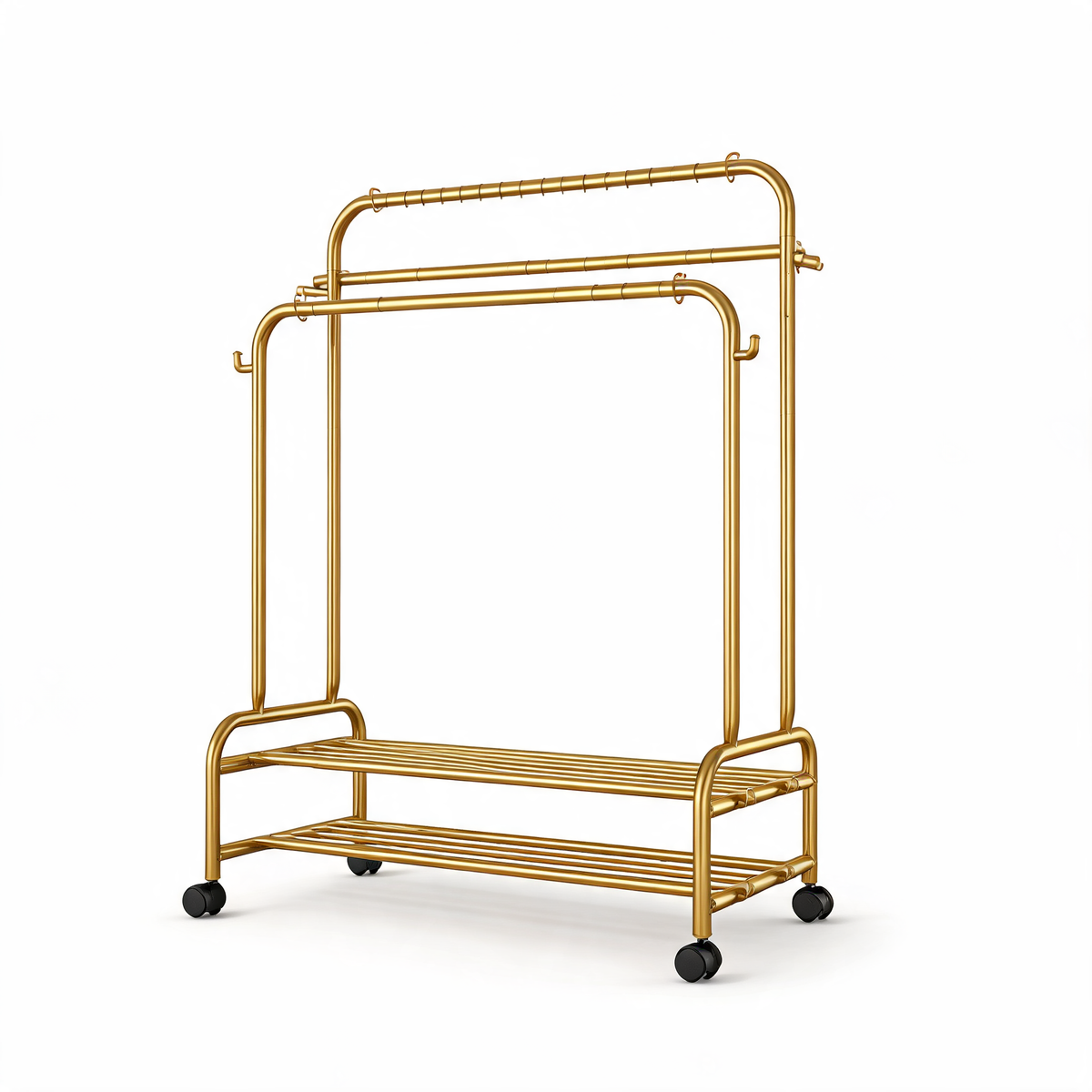 Gold double-rod rolling garment rack with two bottom shelves on a white background