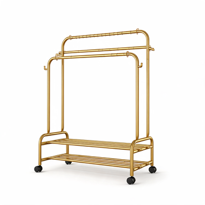 Gold double-rod rolling garment rack with two bottom shelves on a white background