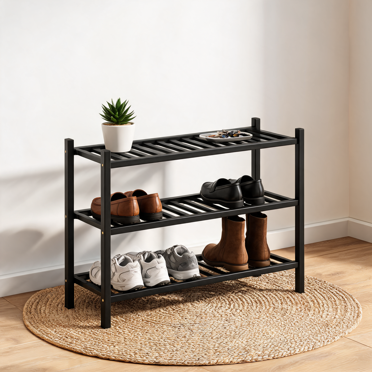 Black bamboo shoe rack with sneakers and boots in an entryway on a jute rug