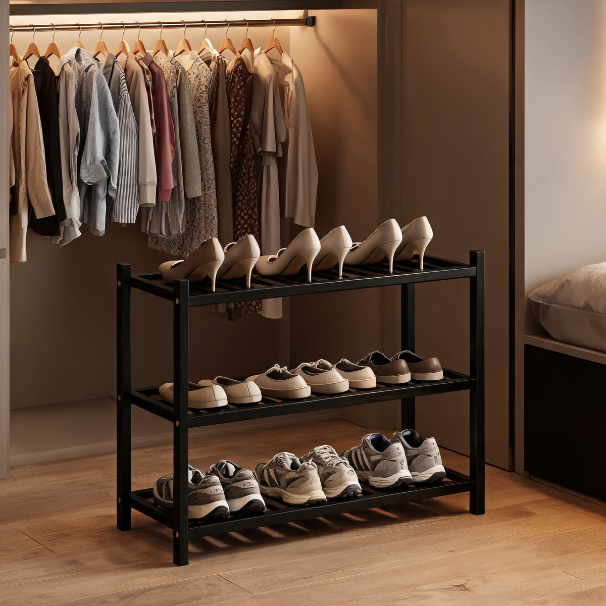 Black bamboo shoe rack holding heels and sneakers under hanging clothes in a closet
