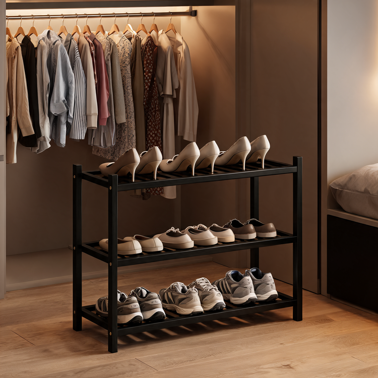 Black bamboo shoe rack holding heels and sneakers under hanging clothes in a closet