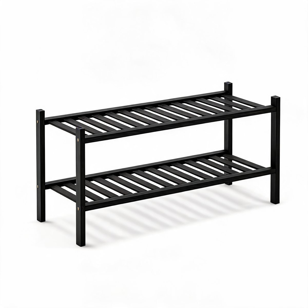Black bamboo 2-tier slatted shoe rack on a white background
