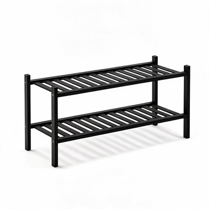 Black bamboo 2-tier slatted shoe rack on a white background