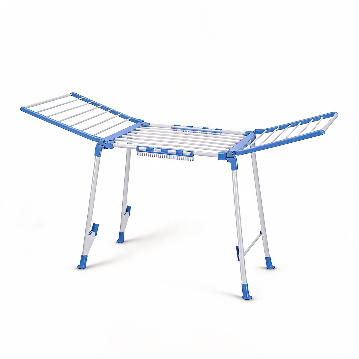 Blue and white gullwing folding drying rack with wings open on a white background