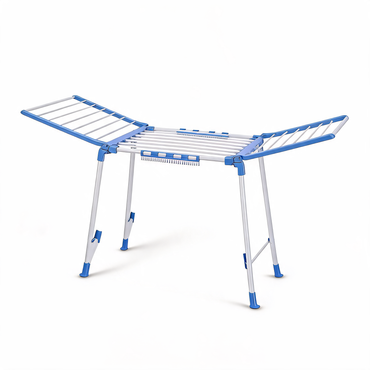 Blue and white gullwing folding drying rack with wings open on a white background