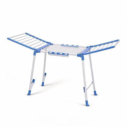 Blue and white gullwing folding drying rack with wings open on a white background