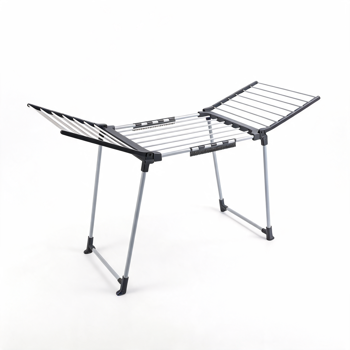 Dark gray and silver gullwing folding drying rack on a white background