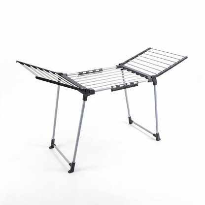 Dark gray and silver gullwing folding drying rack on a white background