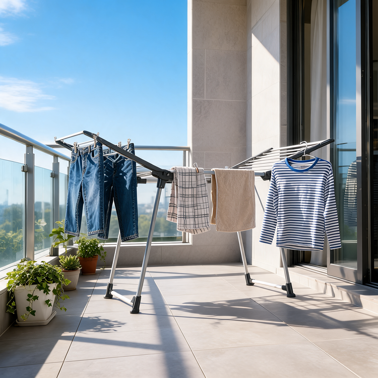 Dark gray gullwing drying rack with jeans and shirts on a sunny balcony