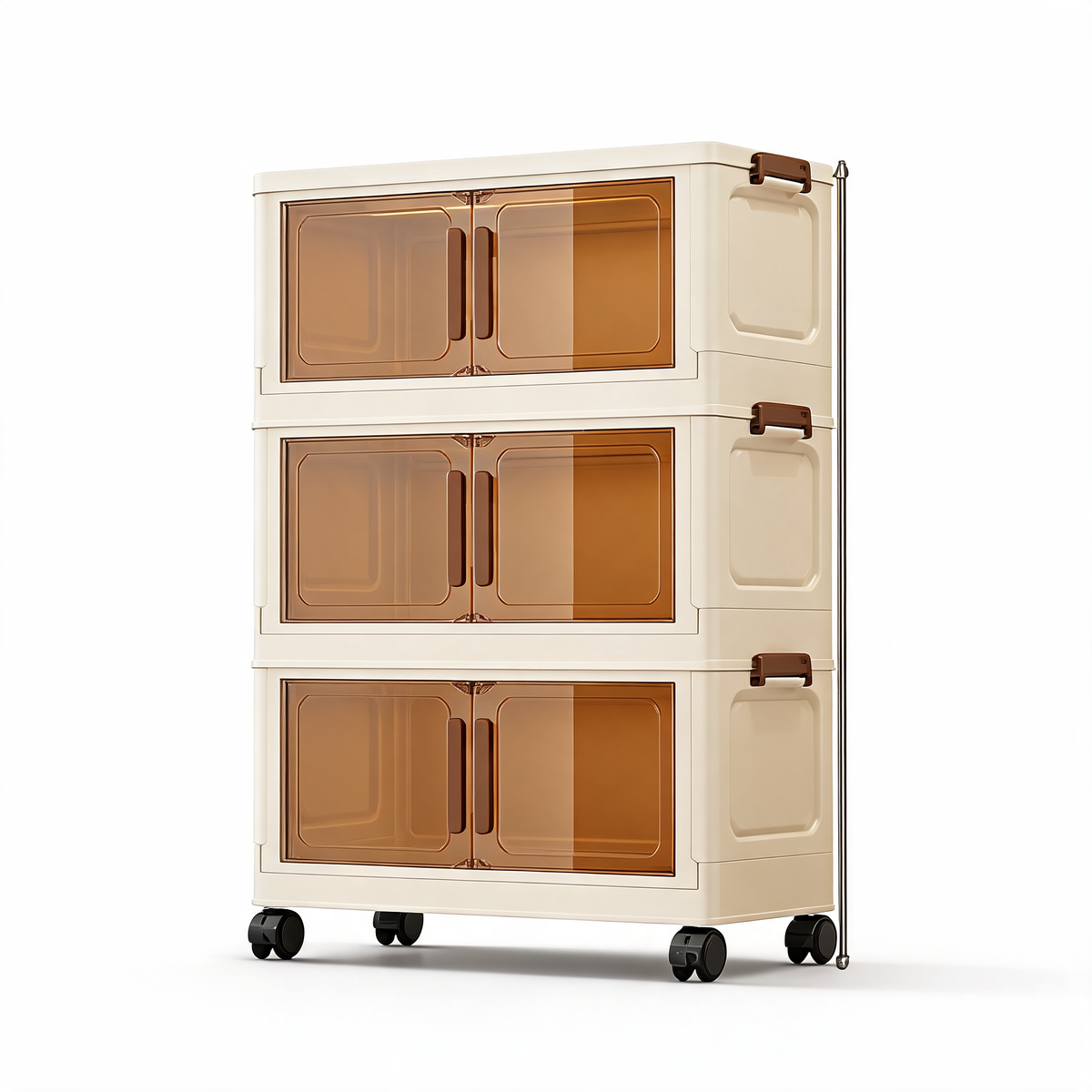 3-tier stackable storage cabinet with tawny translucent doors on a white background