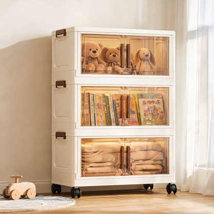 Tawny-door storage cabinet holding plush toys, books and blankets in a playroom