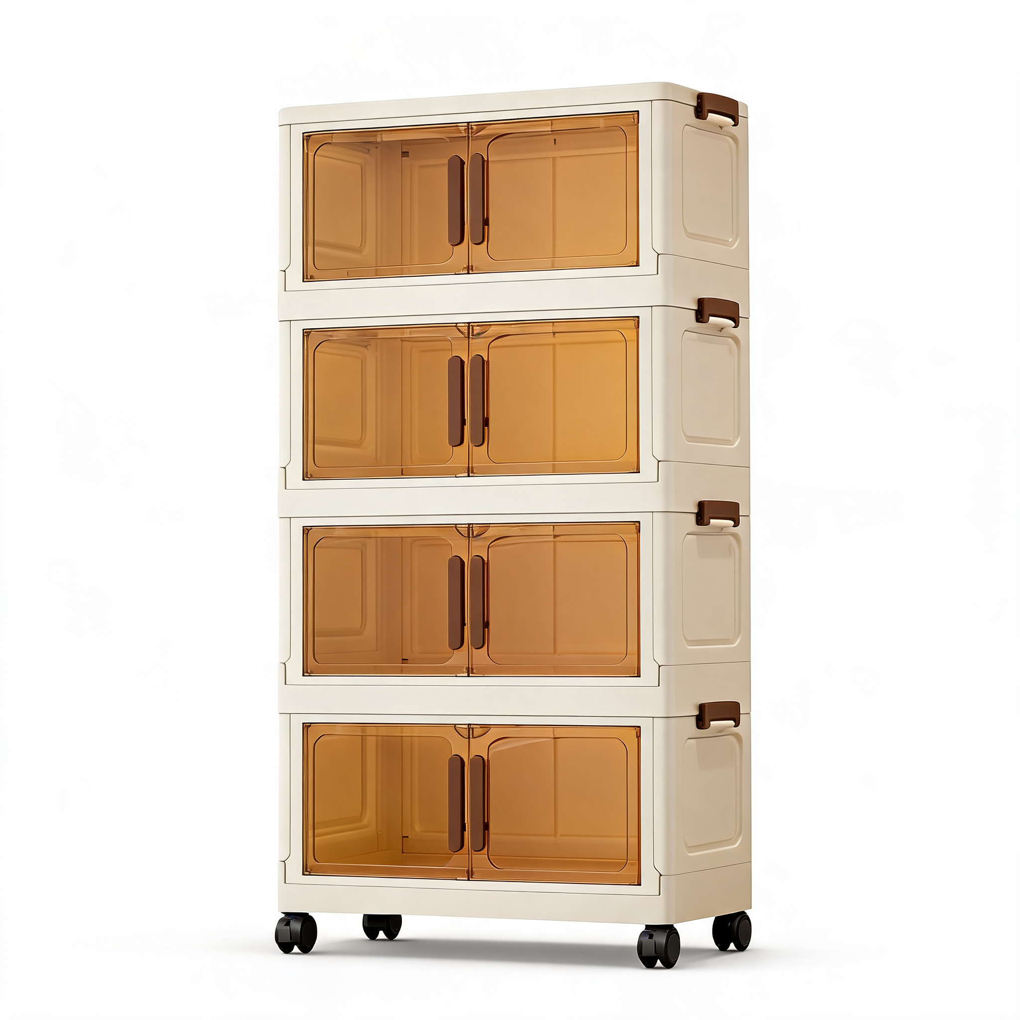 4-tier stackable storage cabinet with tawny translucent doors on a white background
