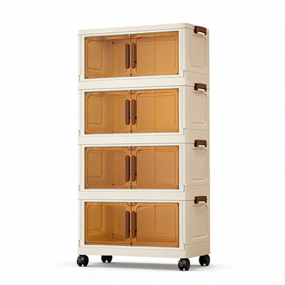 4-tier stackable storage cabinet with tawny translucent doors on a white background