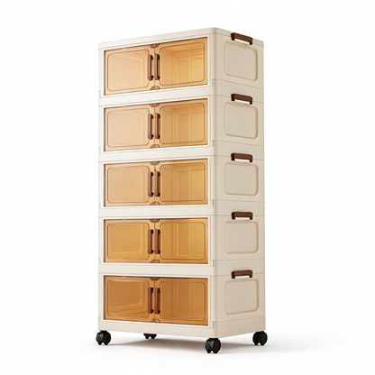 5-tier stackable storage cabinet with tawny translucent doors on a white background