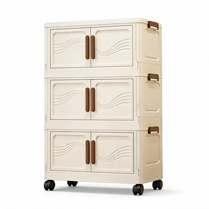 3-tier stackable storage cabinet with cream wave-pattern doors on a white background