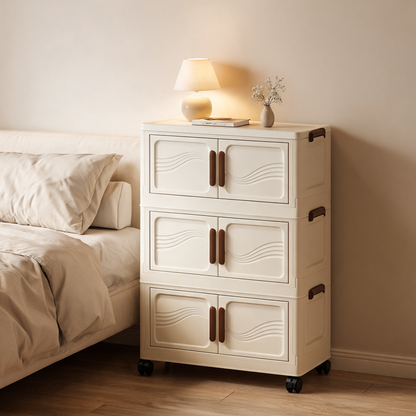 Cream-door 3-tier storage cabinet beside a bed with a lamp on top