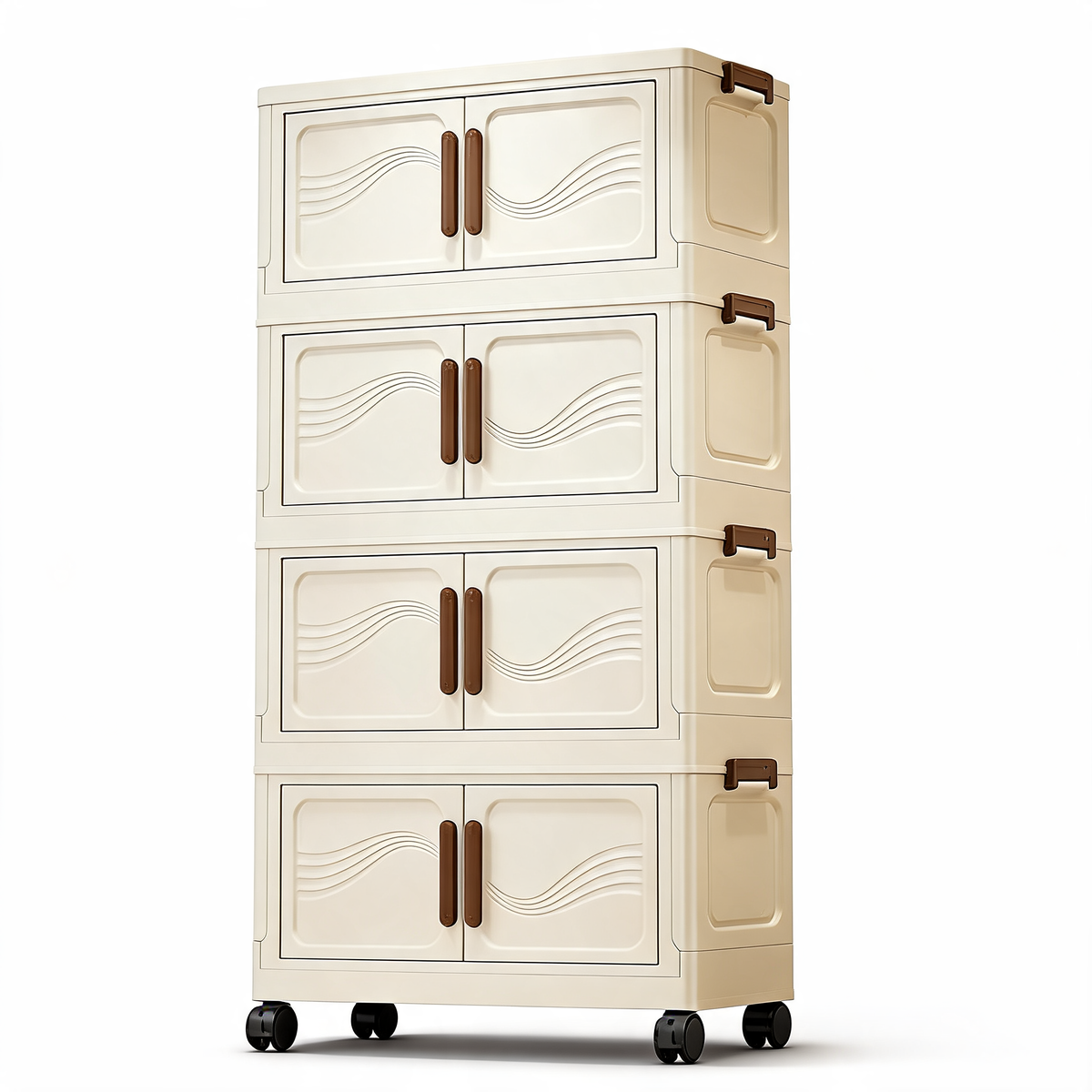 4-tier stackable storage cabinet with cream wave-pattern doors on a white background