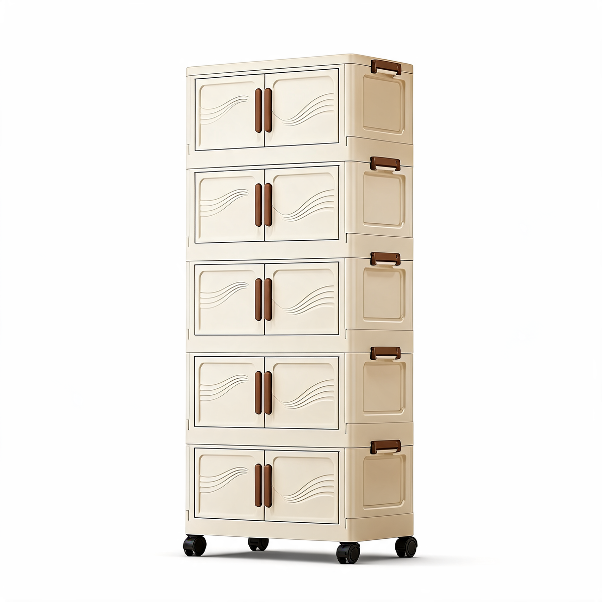 5-tier stackable storage cabinet with cream wave-pattern doors on a white background