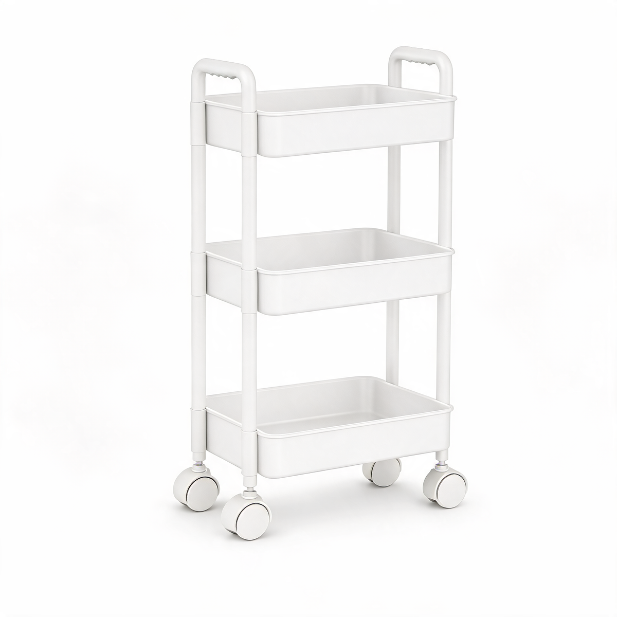 White 3-tier rolling storage cart with four caster wheels on a white background