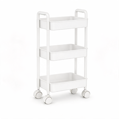 White 3-tier rolling storage cart with four caster wheels on a white background