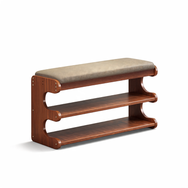 Shoe storage bench with cushion seat and two open shoe shelves on white