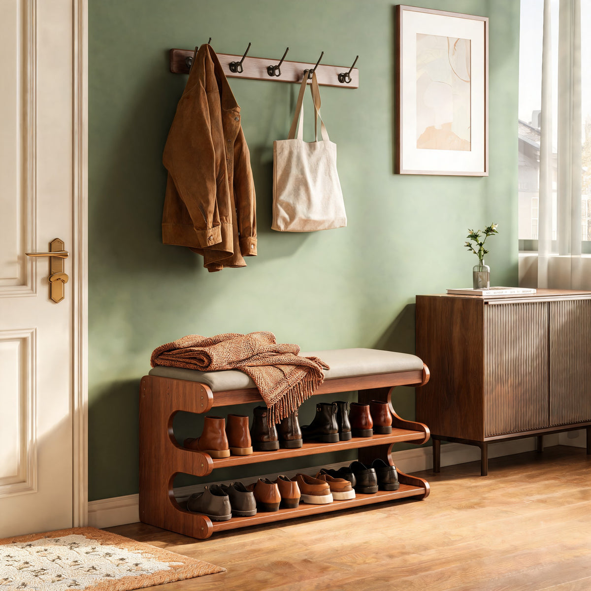 Shoe storage bench with shoes on two shelves in a sage green hallway