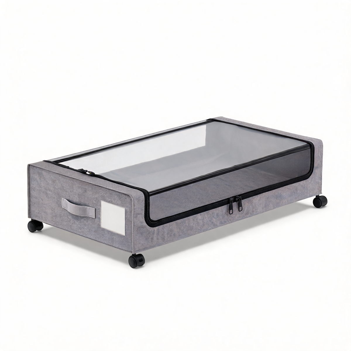 Gray underbed storage container with clear zip lid and wheels on white