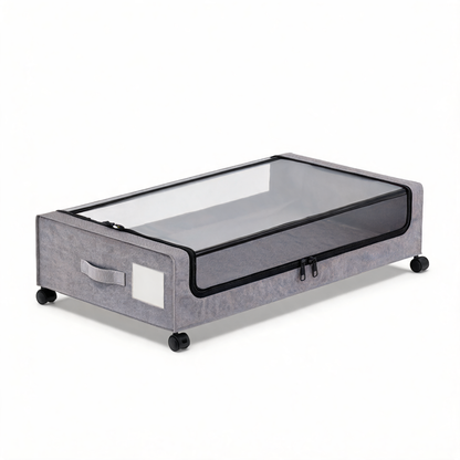 Gray underbed storage container with clear zip lid and wheels on white