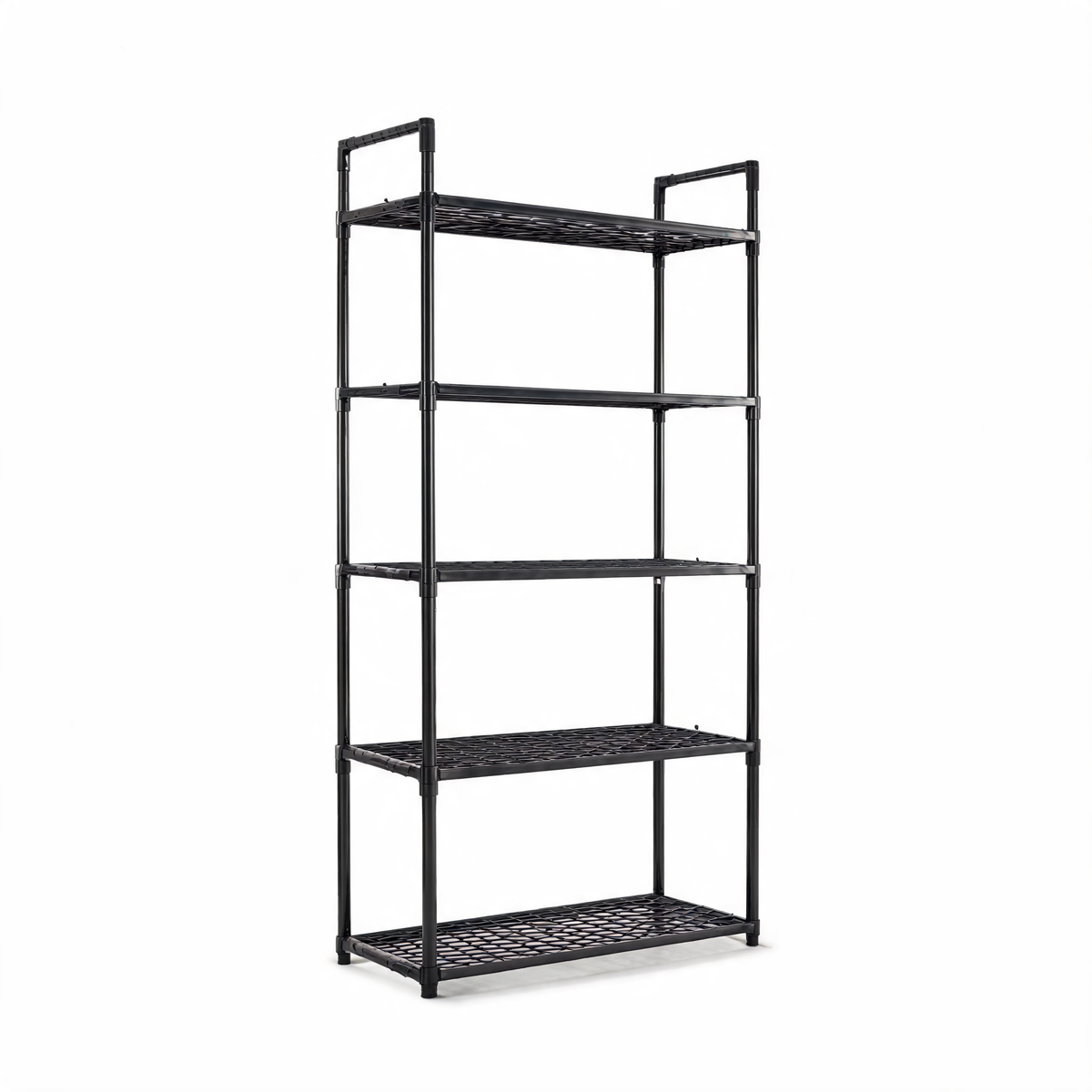 Black 5-tier storage shelving unit on white background