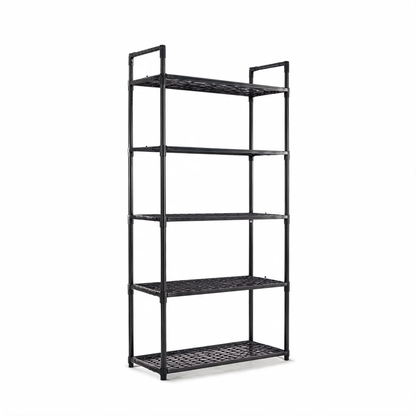 Black 5-tier storage shelving unit on white background