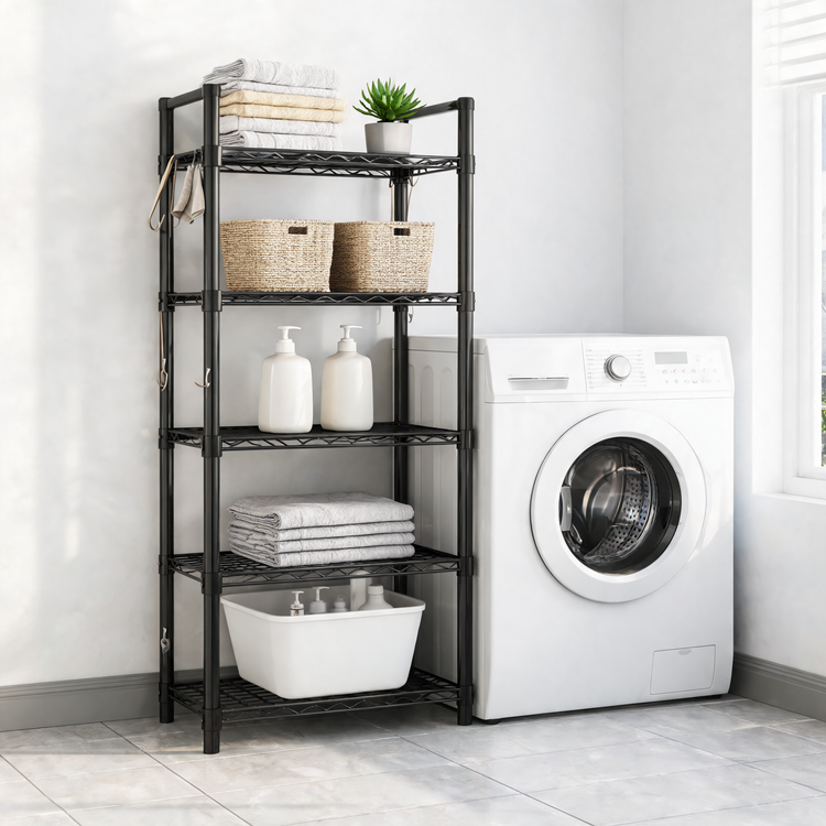Black 5-tier shelving unit holding towels and baskets in a laundry room