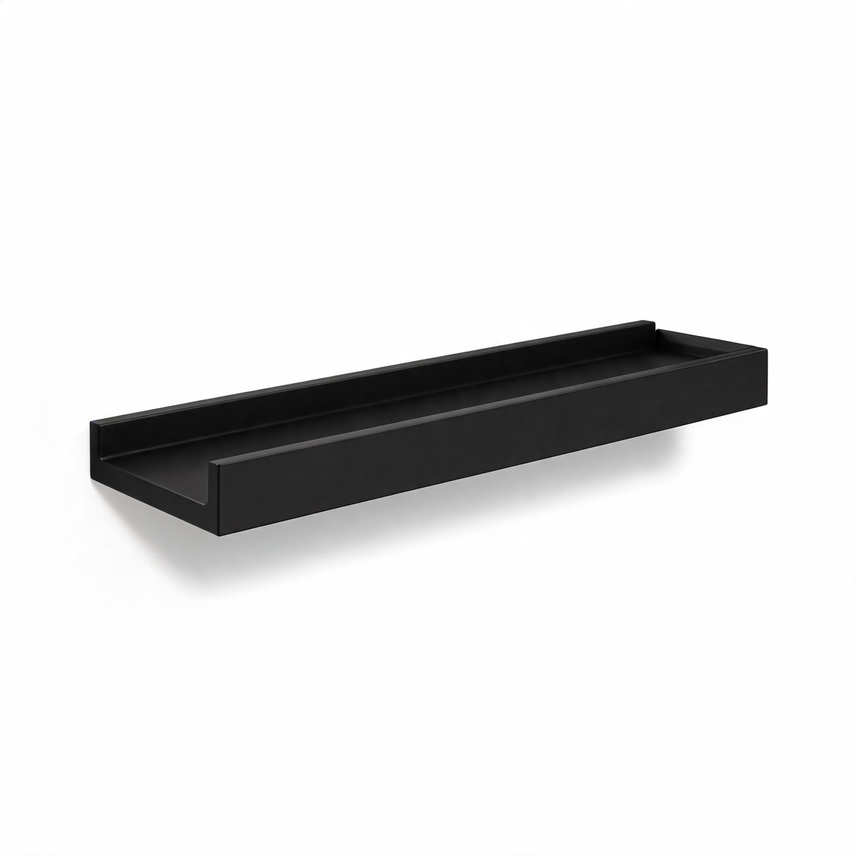 Matte black aluminum bathroom wall shelf on white background
