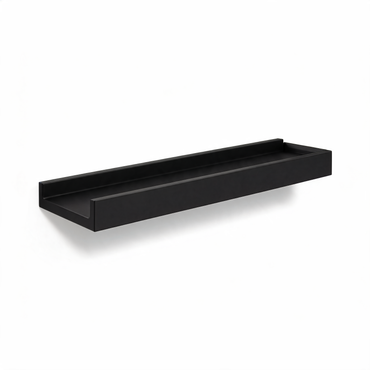 Matte black aluminum bathroom wall shelf on white background