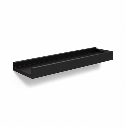 Matte black aluminum bathroom wall shelf on white background