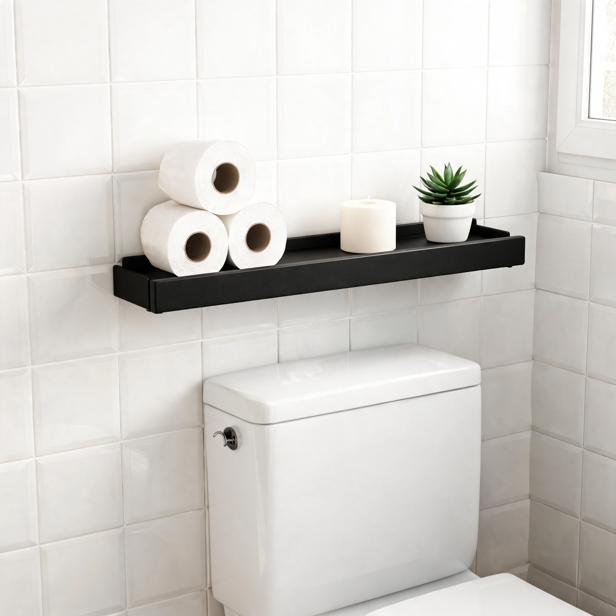 Matte black wall shelf with toilet paper above a toilet