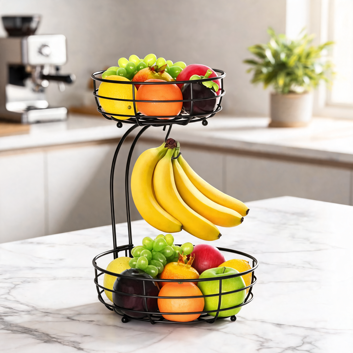 Black 2-tier fruit basket with bananas on a marble kitchen island