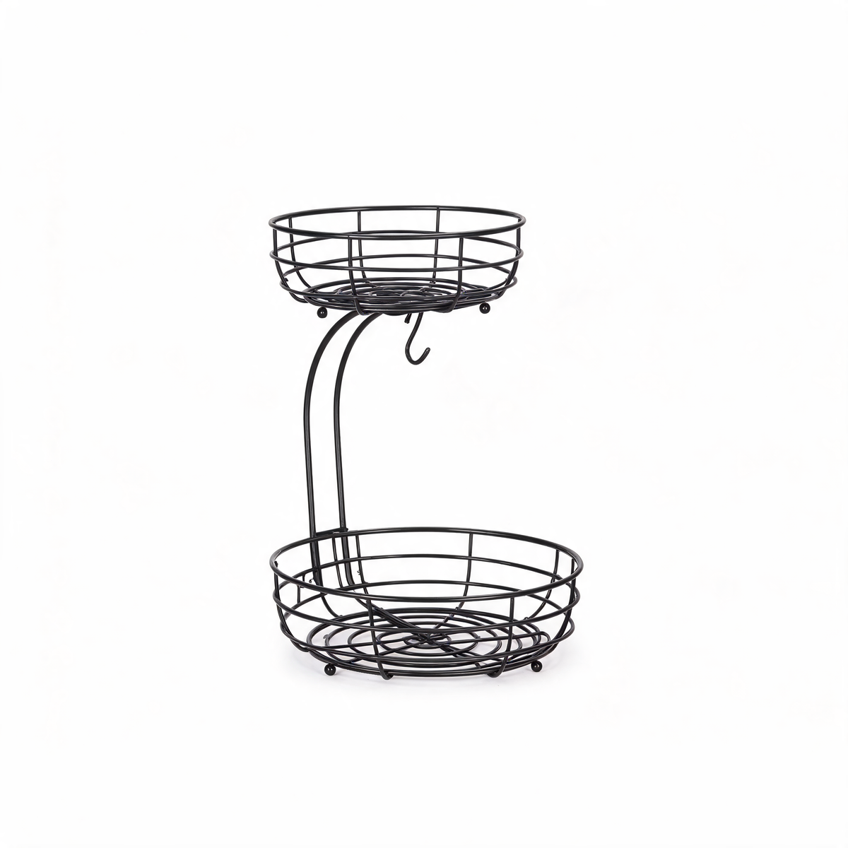 Black 2-tier wire fruit basket with banana hook on white background