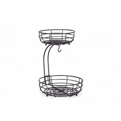Black 2-tier wire fruit basket with banana hook on white background