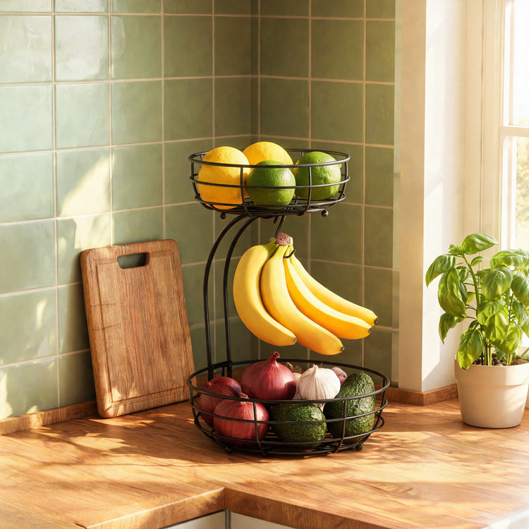 2-tier fruit basket with lemons, onions and bananas on an oak counter