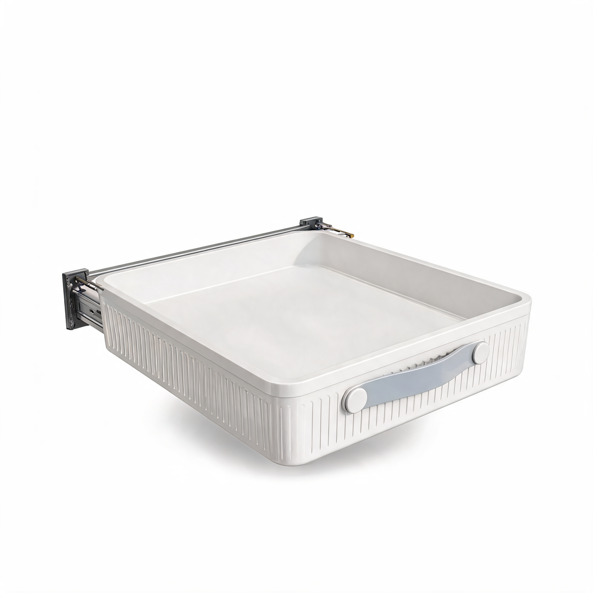 White pull-out cabinet drawer organizer with slide rails on white