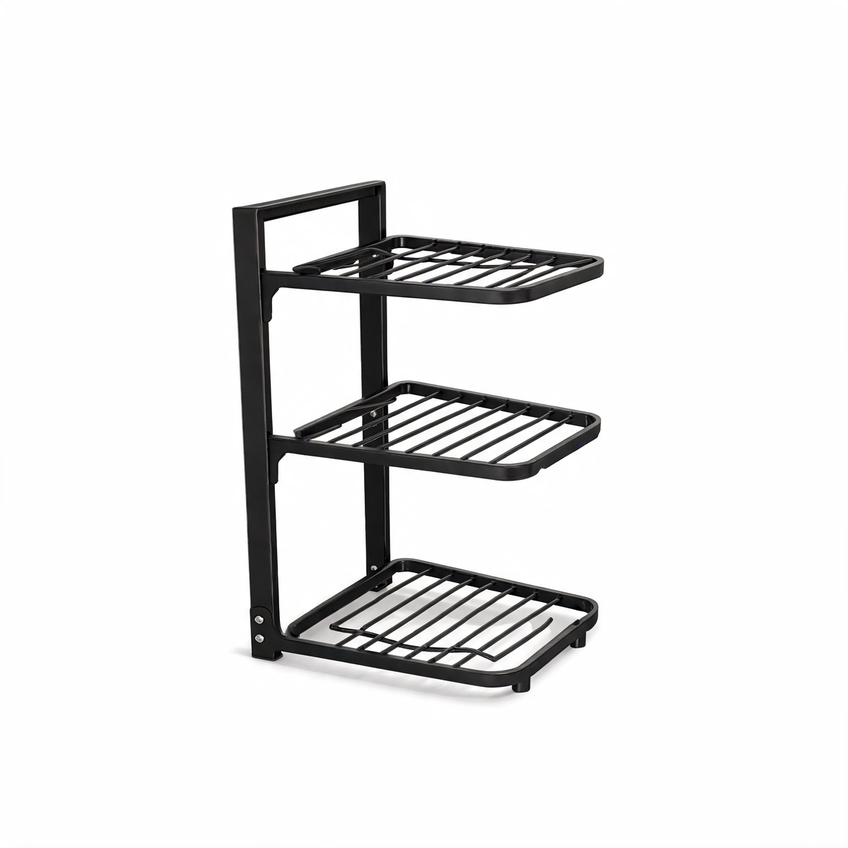 Black 3-tier pot and pan organizer rack on white background